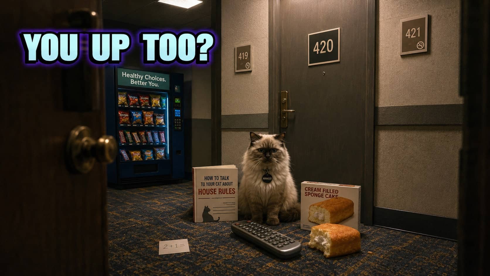 Blursed image meme featuring a fluffy cat wearing a manager tag outside hotel room 420.