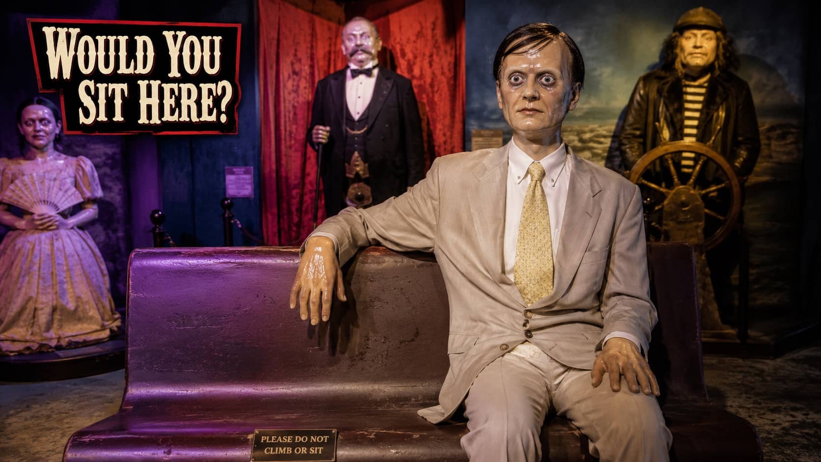 Creepy wax sculptures meme showing eerie figures around a bench with text would you sit here.