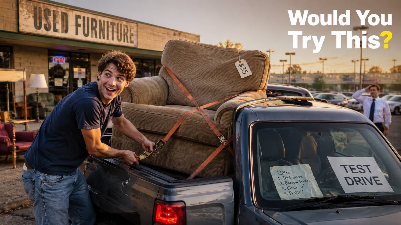 A cheerful man uses ratchet straps to tie a used armchair onto a test drive truck.