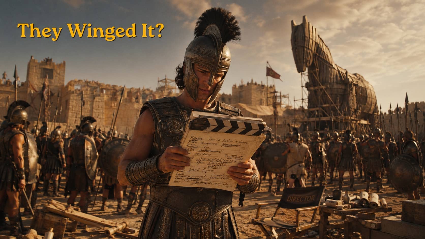 Ancient Greek soldier holding a film clapperboard on a movie set with the Trojan horse.