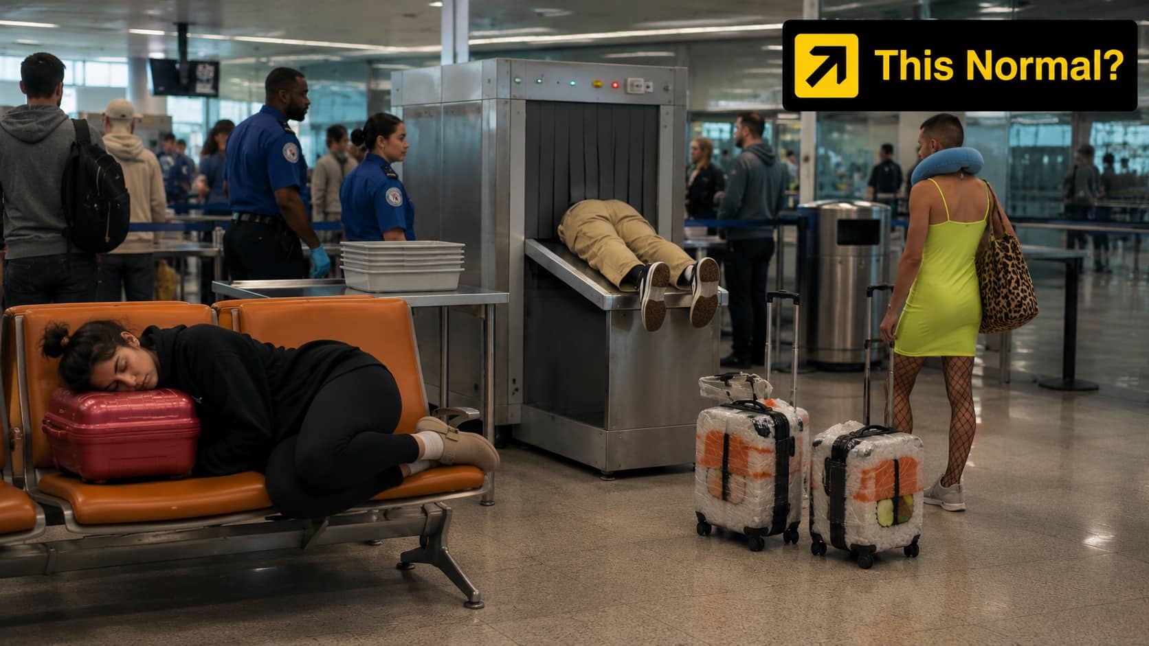 Person crawling into airport security scanner conveyor belt surrounded by funny airport memes scenarios.