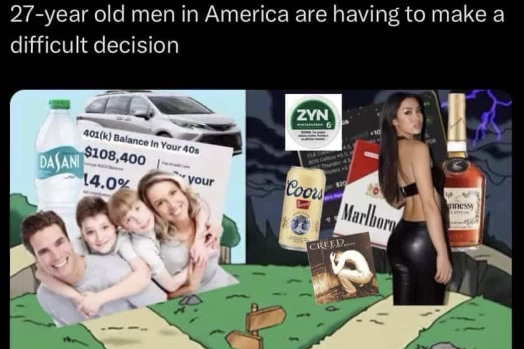 Crossroads meme choosing between a wholesome family life and a bachelor lifestyle of partying and vices.