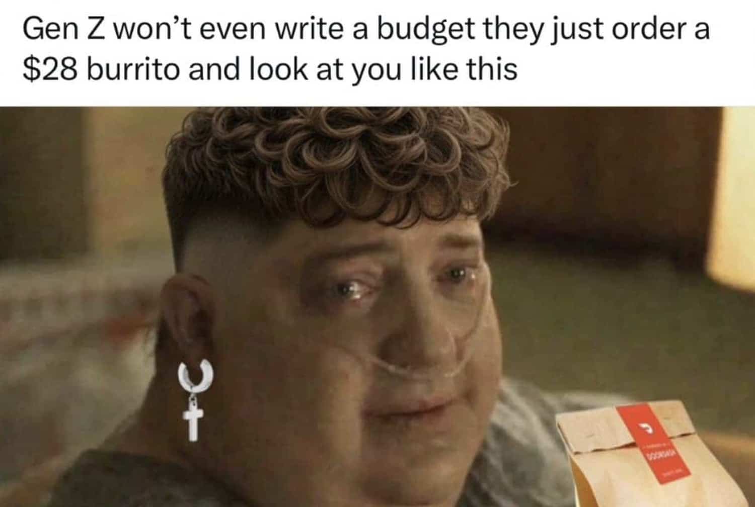 Gen Z meme featuring Brendan Fraser with a broccoli haircut holding a DoorDash burrito bag.