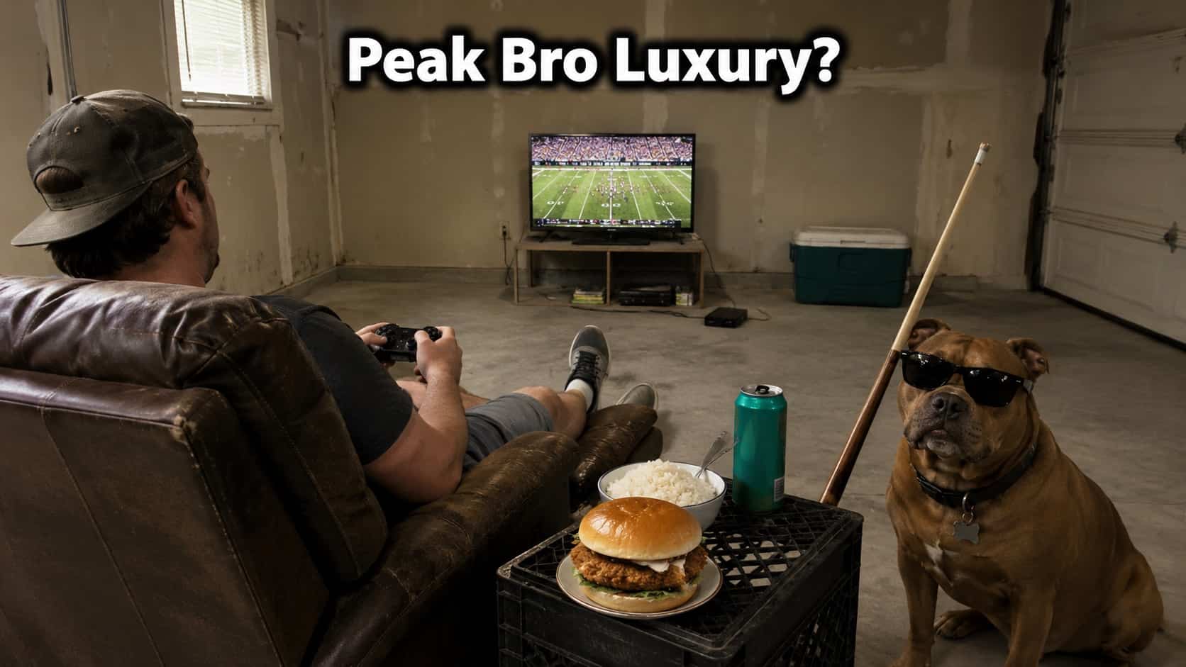 Man playing video games in empty garage with cool dog and Peak Bro Luxury meme text.