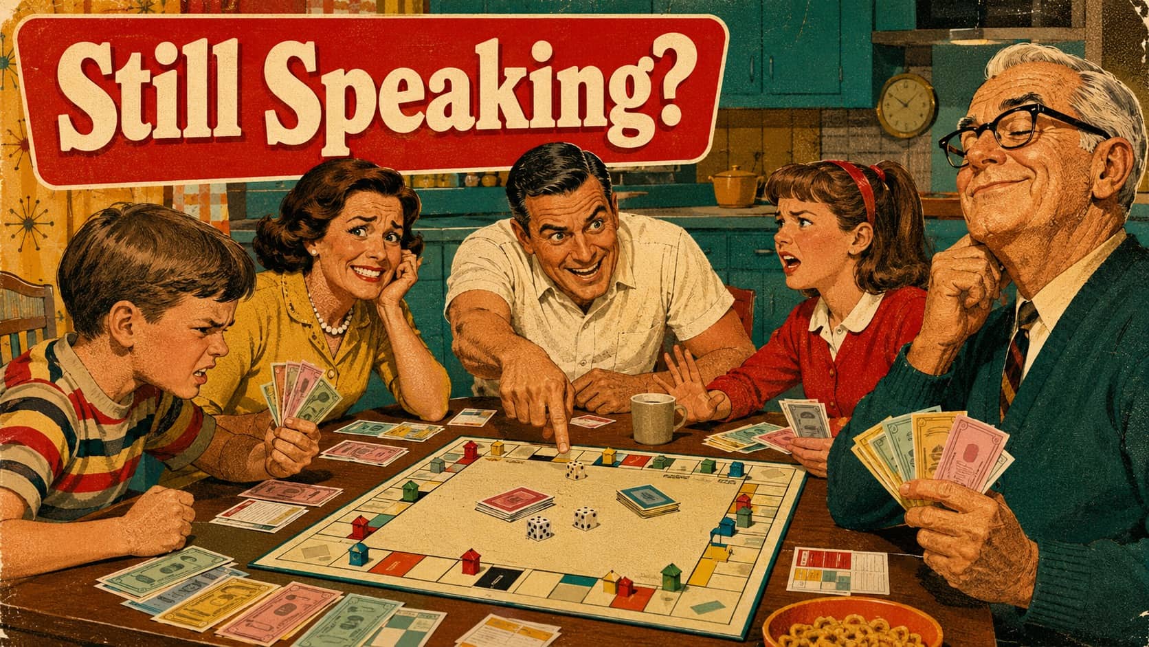Retro style illustration of a family angrily playing a Monopoly board game named Still Speaking.
