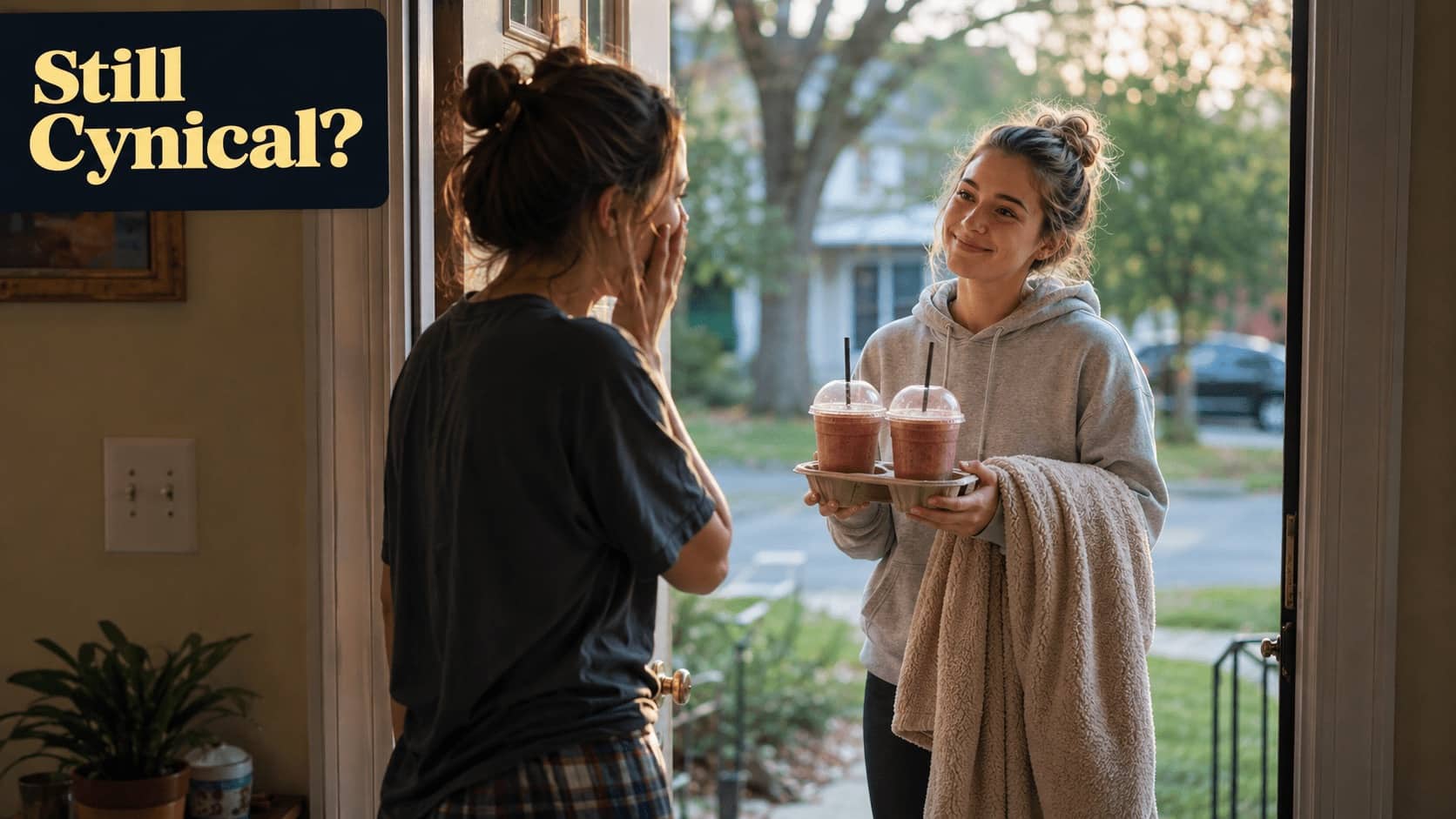 Smiling woman surprising a friend at the door with smoothies and a blanket to counter cynicism.