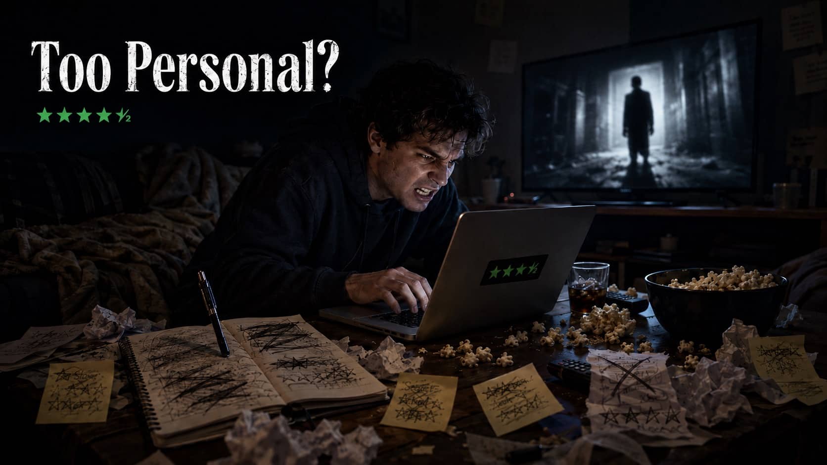 Frustrated man types angrily on a laptop surrounded by popcorn and crumpled papers at night.