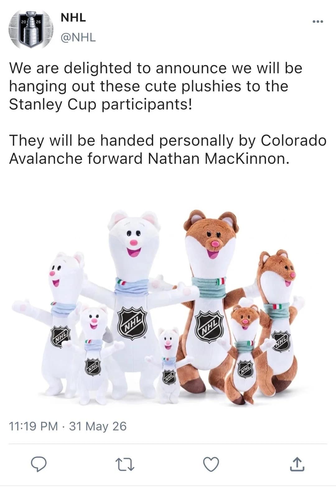 A satirical NHL corporate tweet operating as a funny 2026 Stanley Cup Finals meme announces that Nathan MacKinnon will personally hand out Milano-Cortina 2026 Olympic stoat plushies featuring NHL logos to the playoff participants.