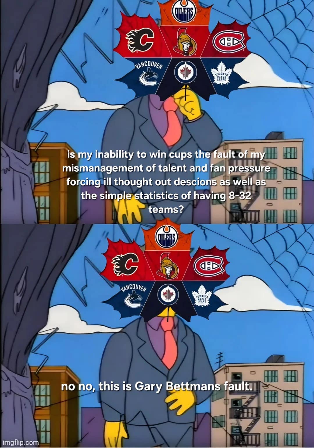 A Principal Skinner Simpsons macro used as a scathing 2026 Stanley Cup Finals meme covers his face with a mosaic of Canadian NHL team logos to joke about fans blindly blaming commissioner Gary Bettman for their multi-decade lack of Stanley Cups instead of addressing internal team talent mismanagement.