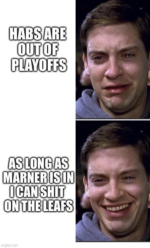 A Peter Parker crying and smiling split-frame operates as a hilarious 2026 Stanley Cup Finals meme, showing a Montreal Canadiens fan devastated that the Habs are out of the playoffs, but instantly cheered up by the realization that they can still relentlessly roast Mitchell Marner and the Toronto Maple Leafs.