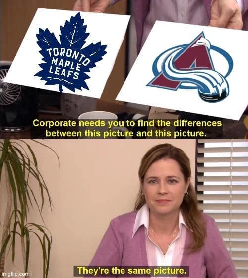 A classic Pam from The Office "They're the same picture" layout serves as a cutting 2026 Stanley Cup Finals meme, equating the Toronto Maple Leafs and the Colorado Avalanche logos as identical regular-season powerhouses that completely choked in the playoffs.