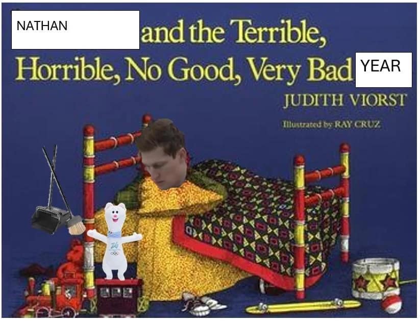 : A children's book cover parody acting as a sharp 2026 Stanley Cup Finals meme alters Alexander and the Terrible, Horrible, No Good, Very Bad Day to read "NATHAN and the Terrible, Horrible, No Good, Very Bad YEAR," showing a sad Nathan MacKinnon face in bed next to a literal sweep broom and a corporate Olympic plushie.