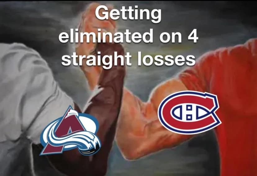 An epic muscle-handshake image macro utilized as a 2026 Stanley Cup Finals meme locks the arms of the Colorado Avalanche and Montreal Canadiens together to mock their shared tragic postseason fate: "Getting eliminated on 4 straight losses."