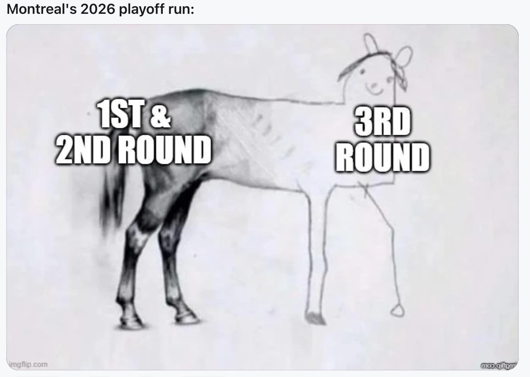 An incomplete horse drawing template repurposed as a 2026 Stanley Cup Finals meme charts Montreal's postseason run, showing a realistically sketched horse for the first and second rounds transitioning into a hilariously bad stick-figure doodle for the third round.