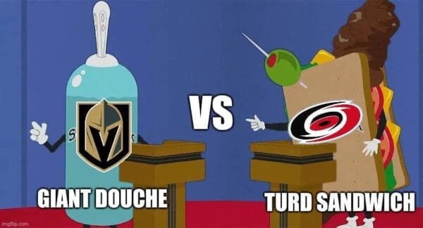 A South Park presidential debate layout serving as a cynical 2026 Stanley Cup Finals meme casts the Vegas Golden Knights as the "Giant Douche" and the Carolina Hurricanes as the "Turd Sandwich" to mock the final cup matchup options.