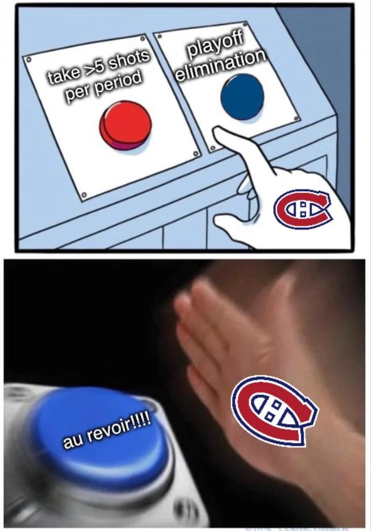 A daily struggle button-press graphic operating as a 2026 Stanley Cup Finals meme shows the Montreal Canadiens passing on the red button to "take >5 shots per period" to aggressively slam the blue button for "playoff elimination" captioned "au revoir!!!!".