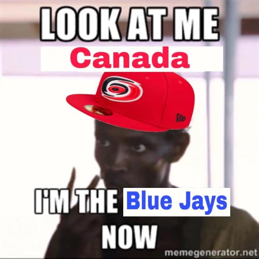 A Captain Phillips image macro adapted into a 2026 Stanley Cup Finals meme shows a pirate in a Hurricanes cap telling Canada, "Look at me, I'm the Blue Jays now," mocking how Canadian fans adopt remaining US teams after their own franchises are completely eliminated.