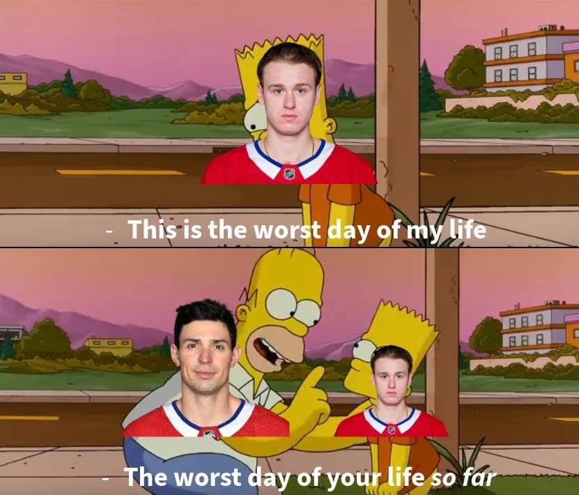 A Simpsons couch gag layout used as a tragic 2026 Stanley Cup Finals meme features Montreal Canadiens player faces superimposed over Bart and Homer to joke about a painful playoff exit, with Suzuki reminding Hutson that it's only the worst day of his life "so far."