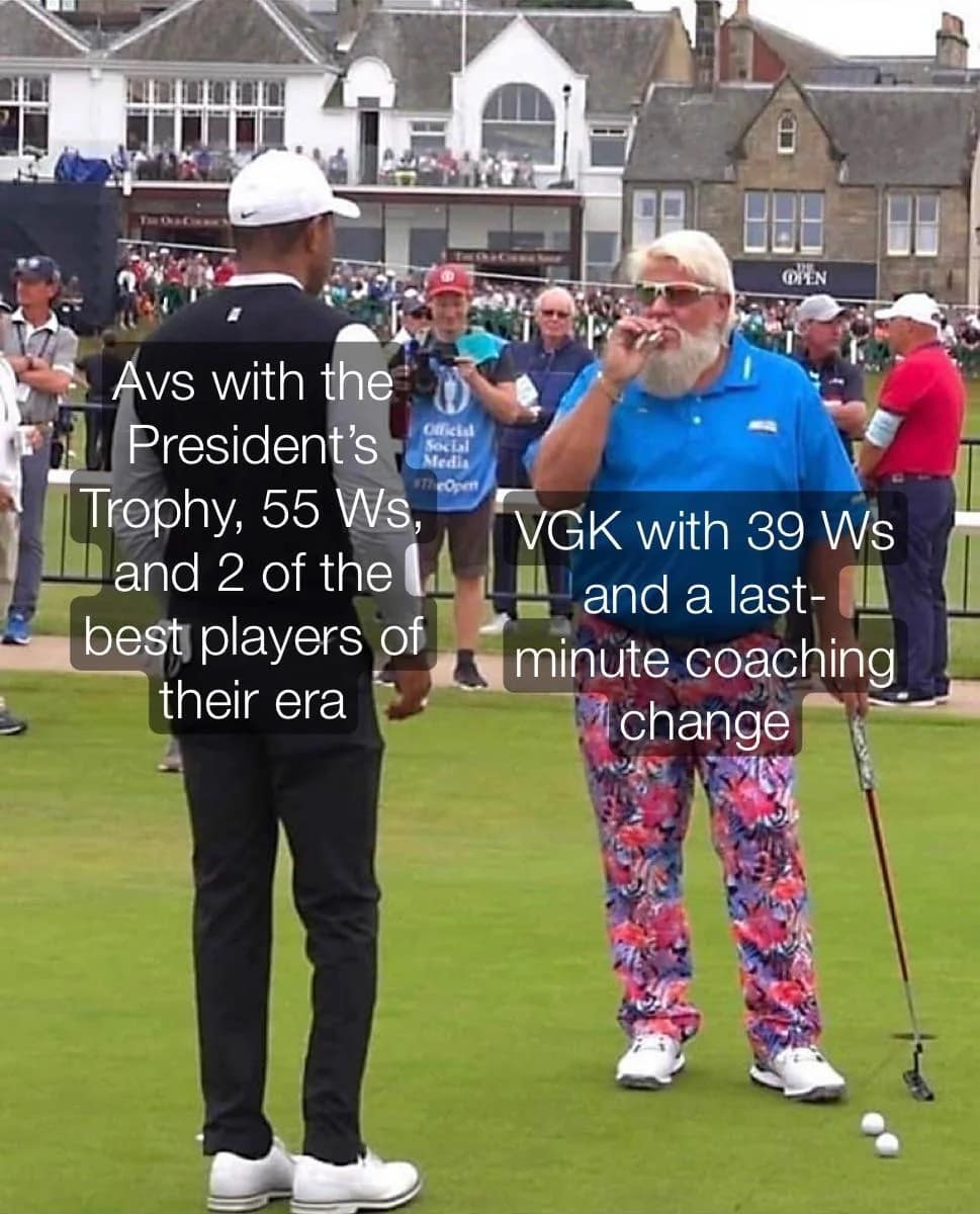 A golf course photo of Tiger Woods and a smoking John Daly acts as a chaotic 2026 Stanley Cup Finals meme, contrasting a meticulously built, regular-season powerhouse like the Colorado Avalanche against a chaotic Vegas Golden Knights team operating on a mid-playoff coaching change.
