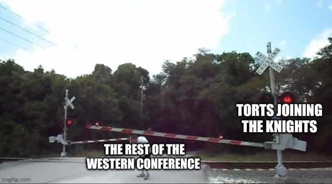 : A railway crossing safety image transformed into a 2026 Stanley Cup Finals meme shows a lowering train gate labeled "TORTS JOINING THE KNIGHTS" catching the rest of the Western Conference completely off guard.