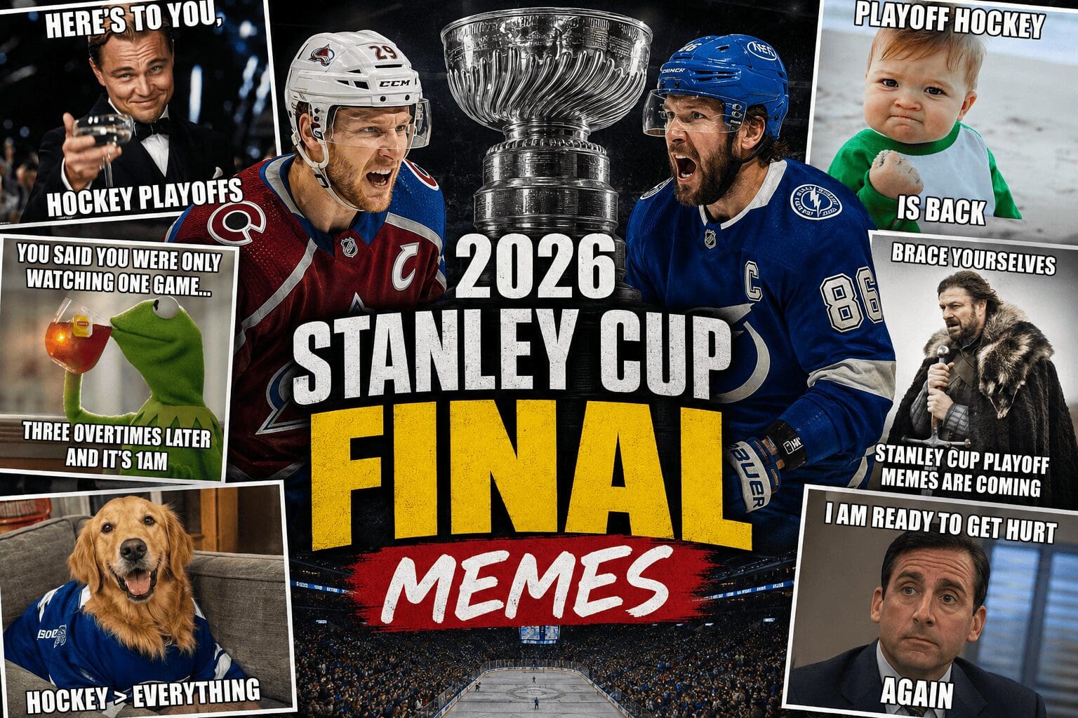 A trending 2026 Stanley Cup Finals memes gallery summarizing the high-stakes drama of the 2026 NHL playoffs, highlighted by an aerial satellite map of Canada reluctantly adopting the Carolina Hurricanes hat, John Daly smoking a cigarette next to Tiger Woods to mock the Vegas Golden Knights' postseason transformation, and a miniature toy action figure of Nathan MacKinnon being swept into a literal kitchen dustpan.