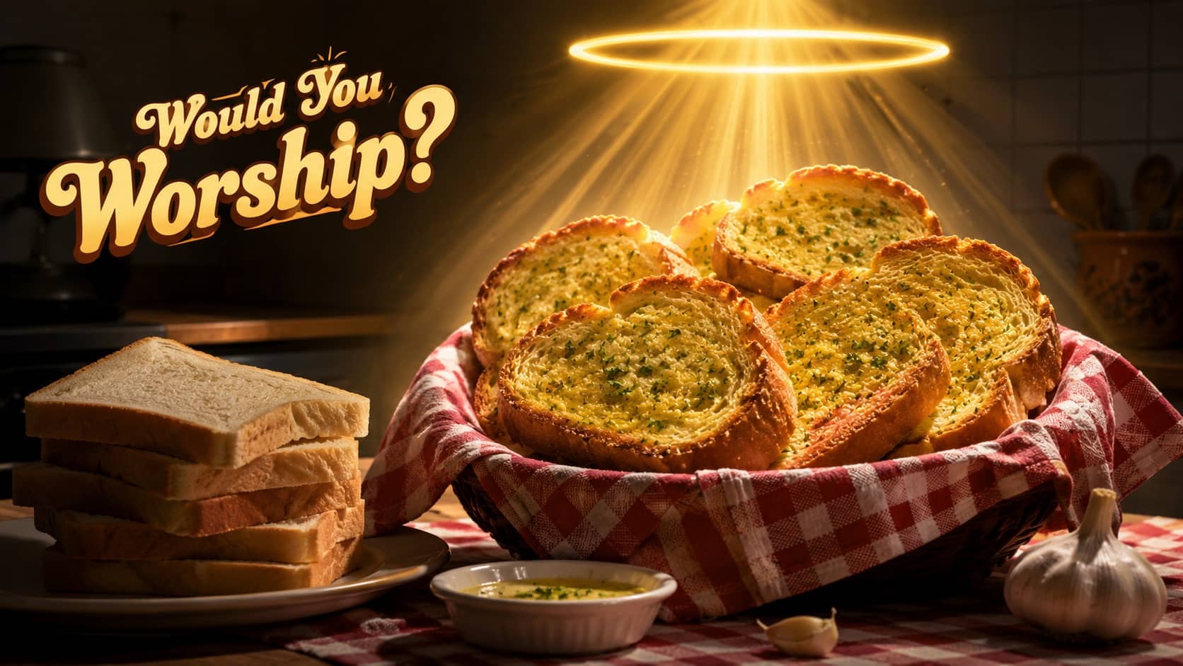 Garlic bread meme featuring glowing holy basket of bread with text asking would you worship.