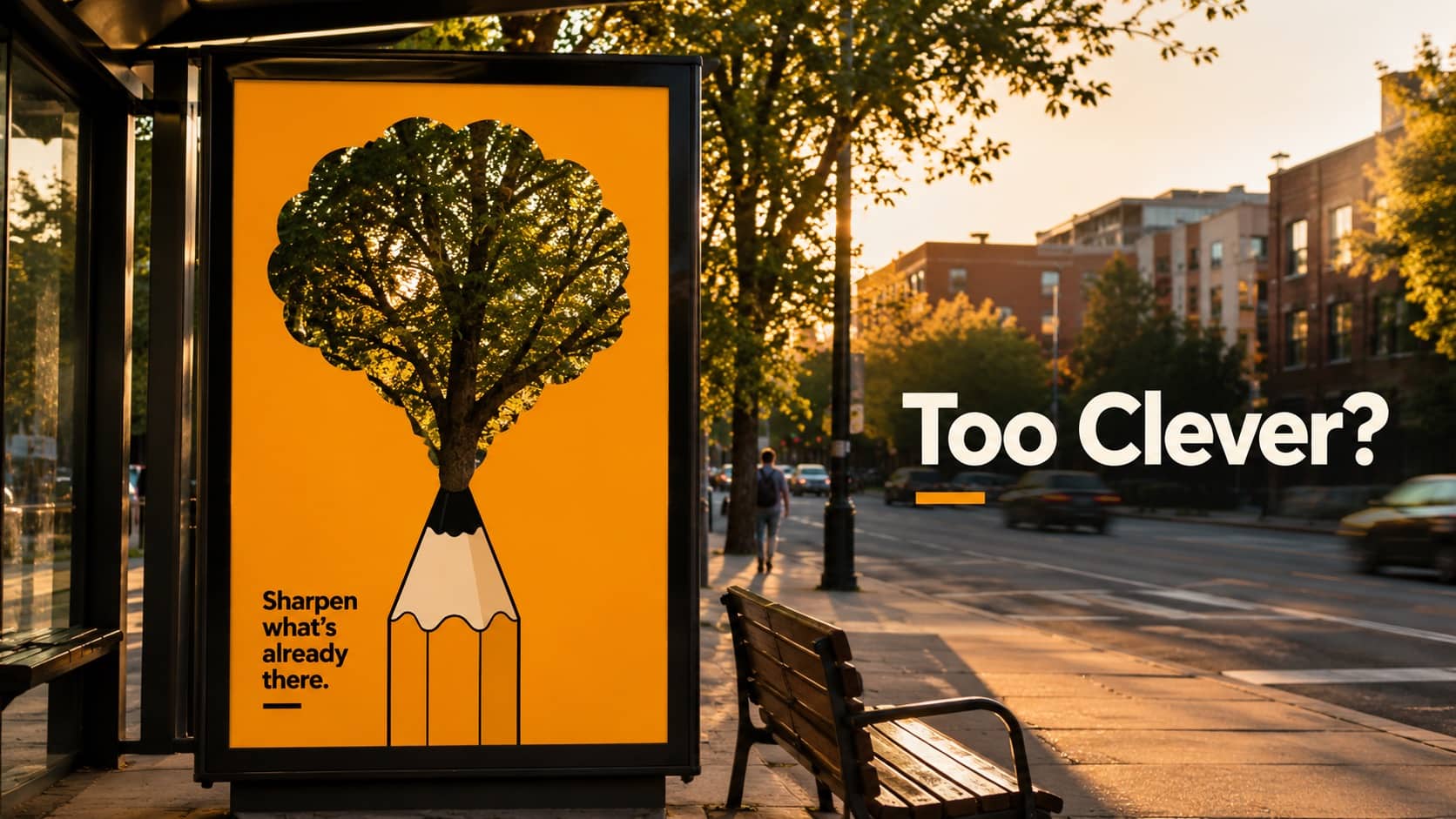 A yellow billboard shows a pencil with its tip morphing into a green leafy tree canopy.