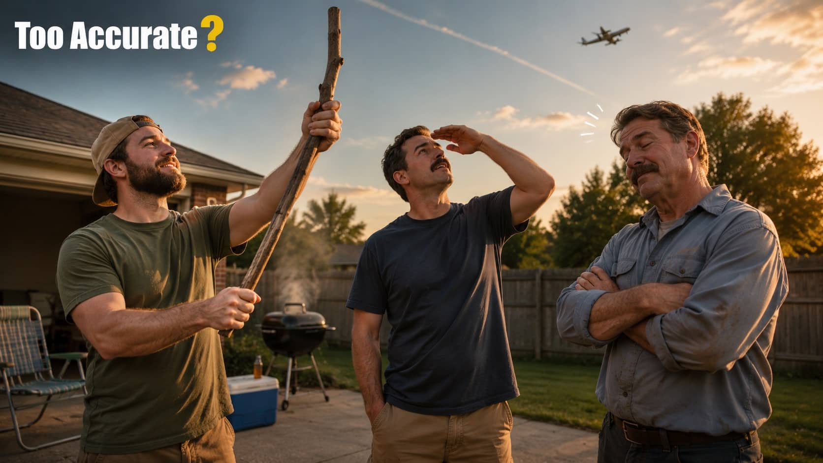 Three suburban men look up at an airplane, with one holding a long pointing stick.