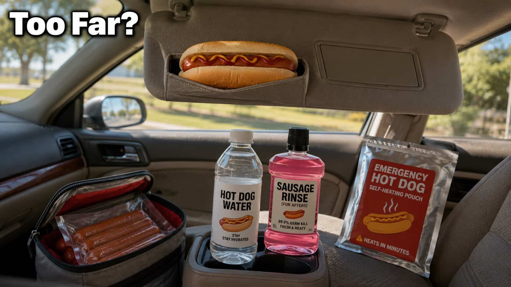Car interior filled with bizarre hot dog memes accessories including emergency self heating pouch and water.