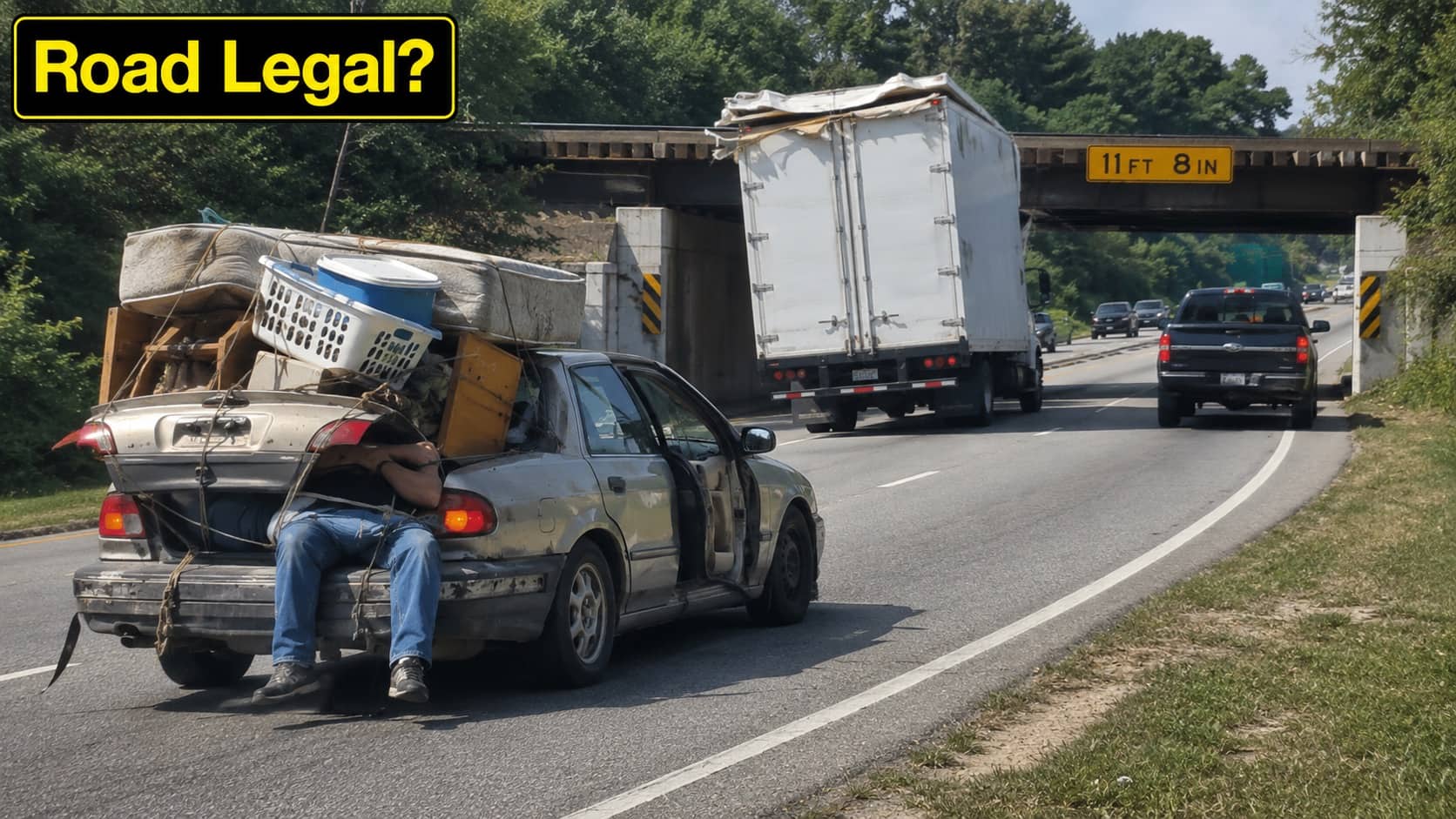 Overloaded car with furniture and a passenger tied down in the open trunk on highway.