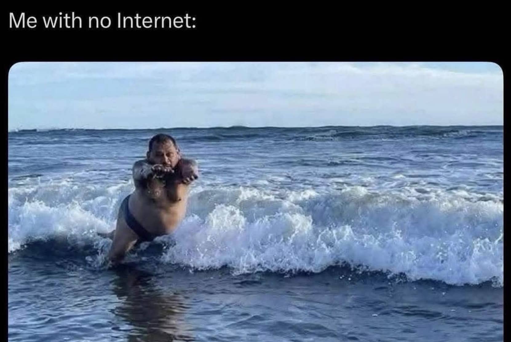 Man in swimwear diving headfirst into an ocean wave, illustrating humorous internet memes.