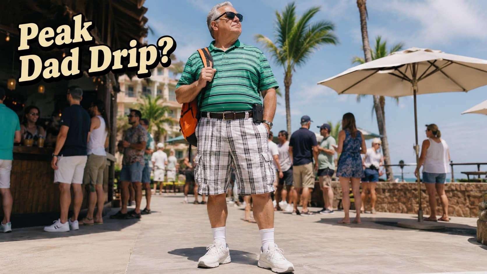 Middle-aged man wearing a green polo shirt, plaid cargo shorts, and white sneakers outdoors.