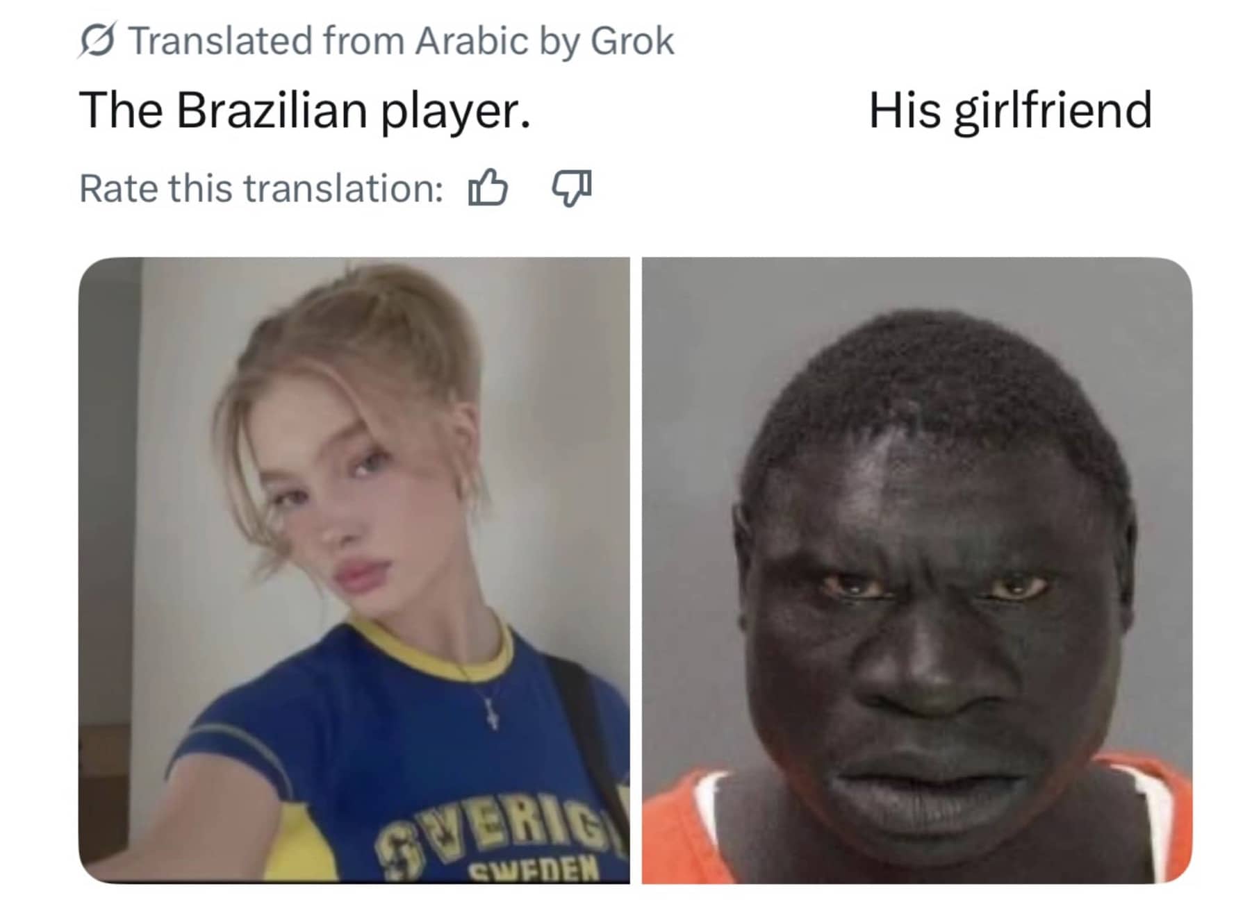 Meme contrasting a woman wearing a Sweden shirt with an intense mugshot image.