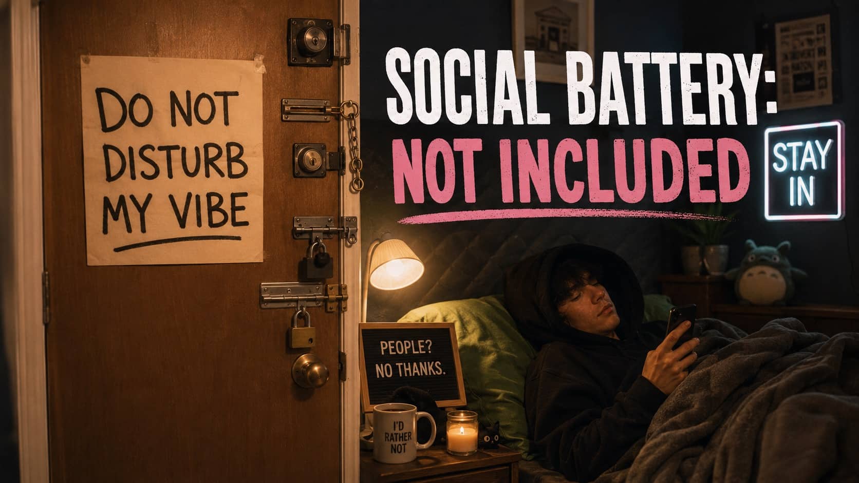 Introvert meme showing person in bed with locked door and text social battery not included.