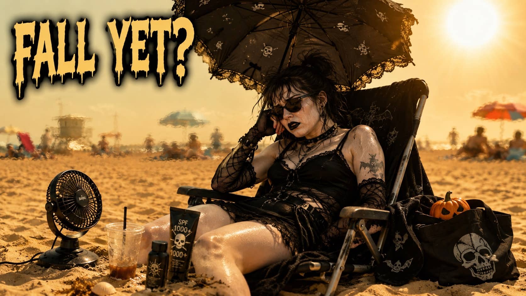 Goth woman in black outfit relaxes on sunny beach with gothic umbrella and skeleton decor.