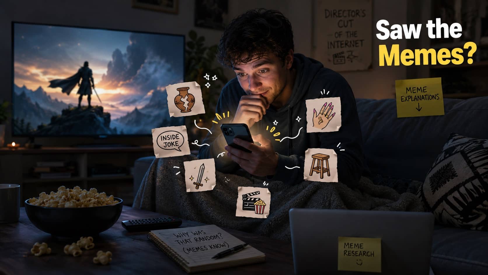 Man eating popcorn while researching inside jokes and movie memes on his smartphone and laptop.