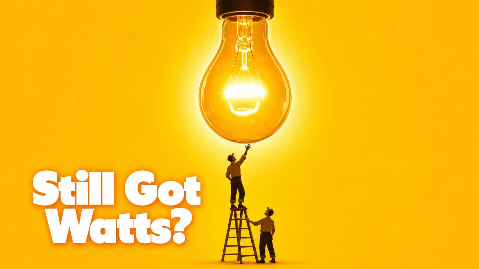 Two tiny workers changing a massive glowing bulb, illustrating screw in a lightbulb jokes.