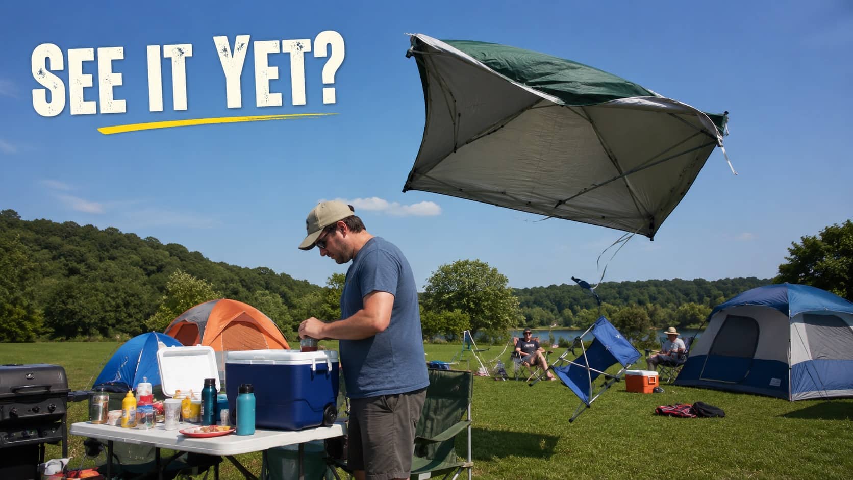 A green canopy tent flies away in the wind at a sunny, grassy campground campsite.