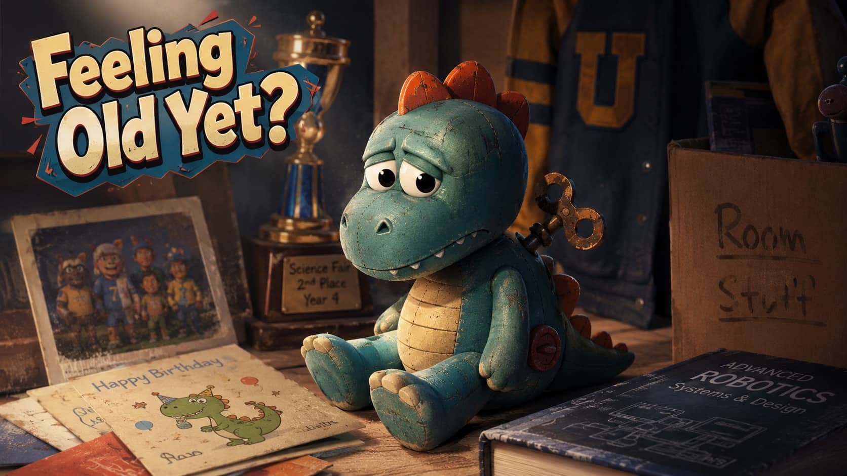 Sad vintage wind up dinosaur toy sitting on a desk with textbook and childhood photos.