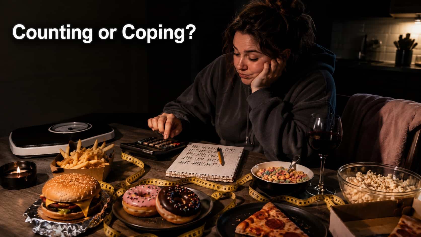 Stressed woman tracking calories on a calculator surrounded by junk food with Counting or Coping text.