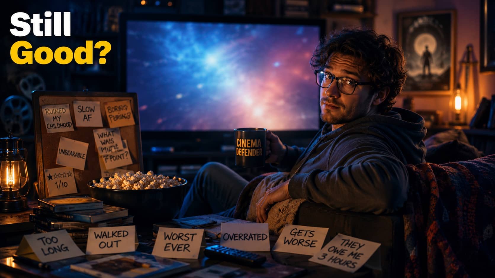 A movie reviewer holding a cinema mug sits near negative review sticky notes for worst movies.