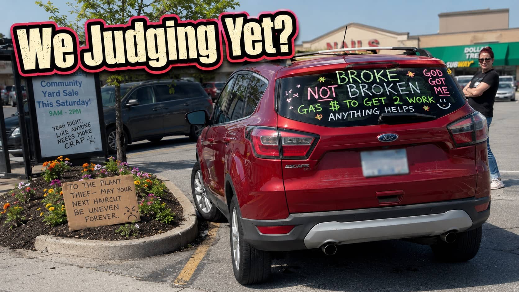 Red SUV with a handwritten message on the back window parked near a yard sale sign.