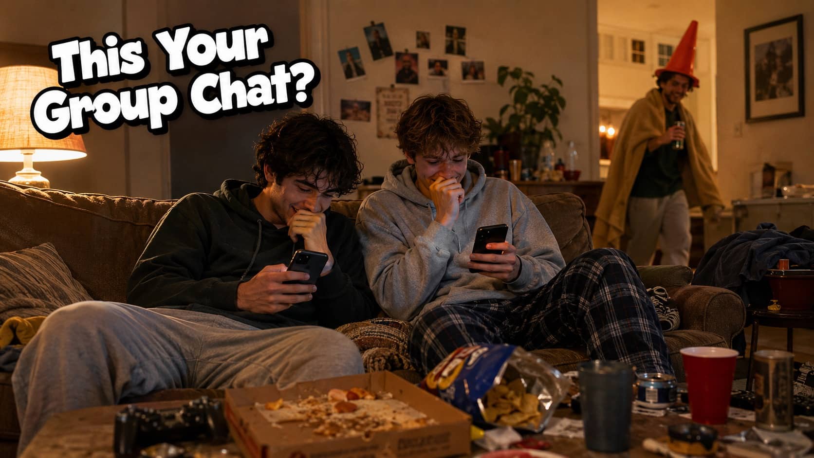 Two friends laughing at their phones on a couch, representing best friend memes.