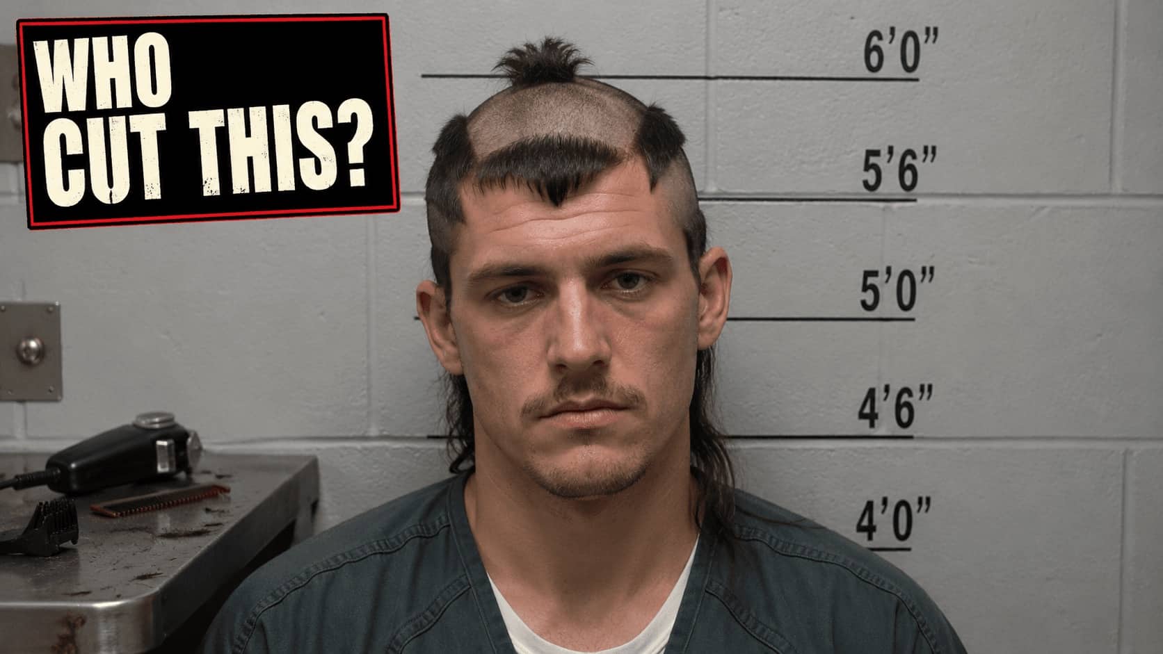 Man with a bizarre, poorly cut geometric mohawk haircut posing for a mugshot against a height chart.