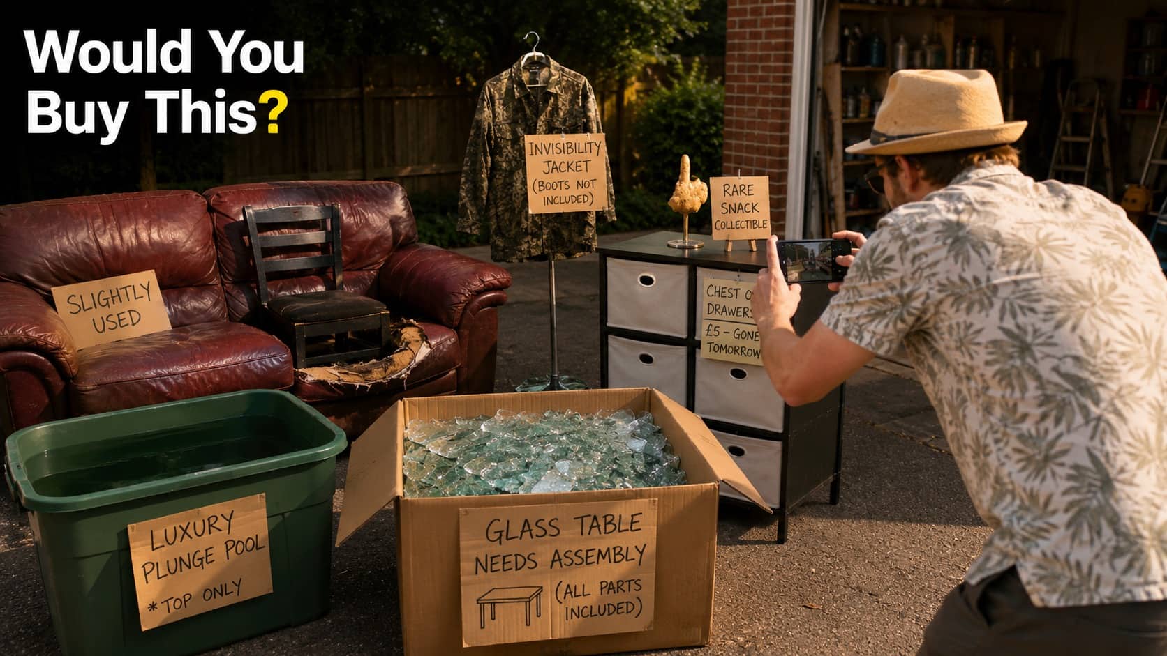 A yard sale displaying funny online listings like a box of shattered glass table parts.