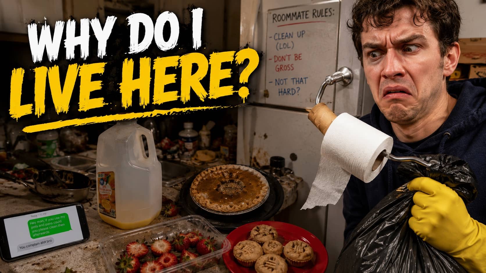 A disgusted man holding garbage in a messy kitchen next to a funny text message exchange.