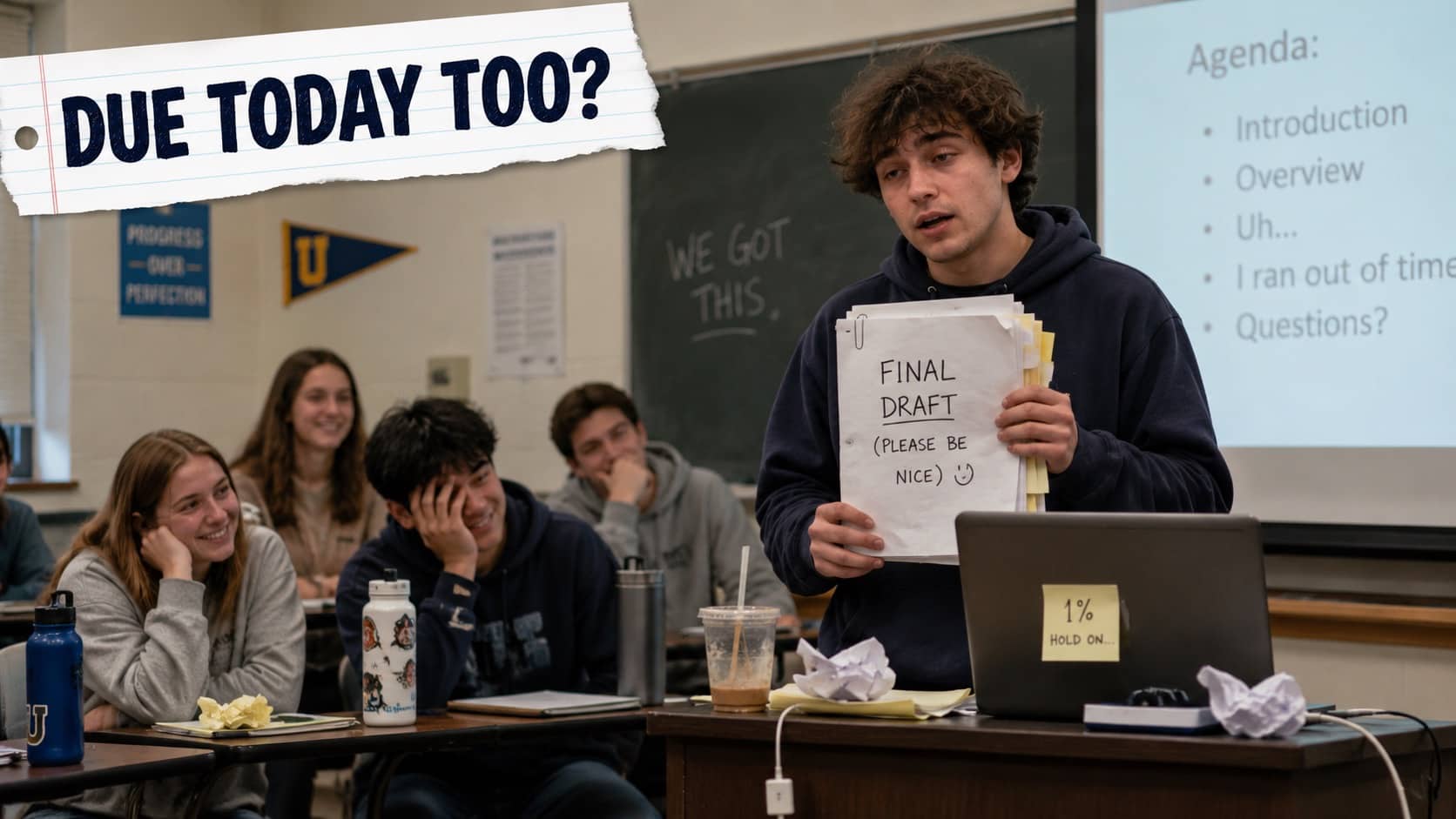 Relatable school presentation meme featuring a stressed student holding a final draft paper in class.