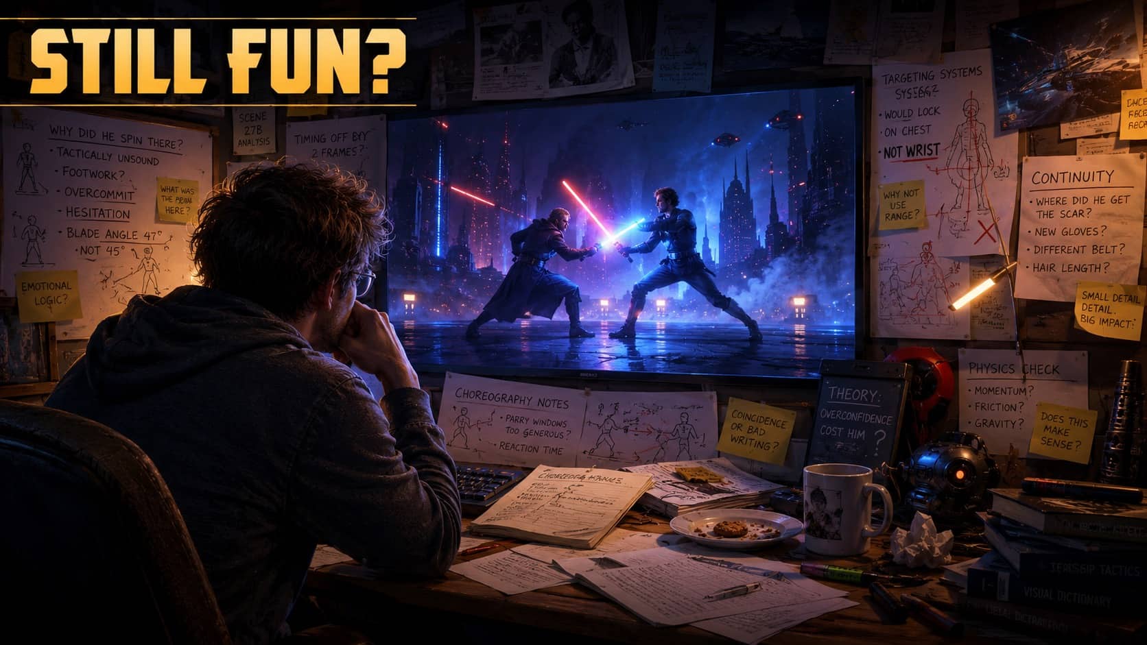 Star wars criticism meme of fan overanalyzing lightsaber battle scene with text still fun.