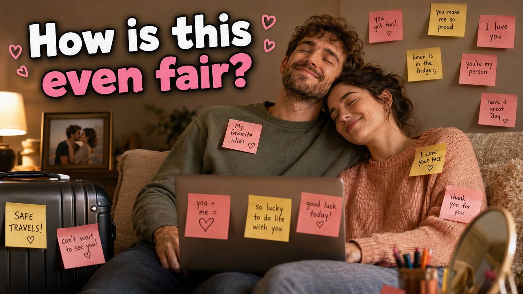 Happy couple cuddling on a couch covered in numerous sweet romantic sticky notes.