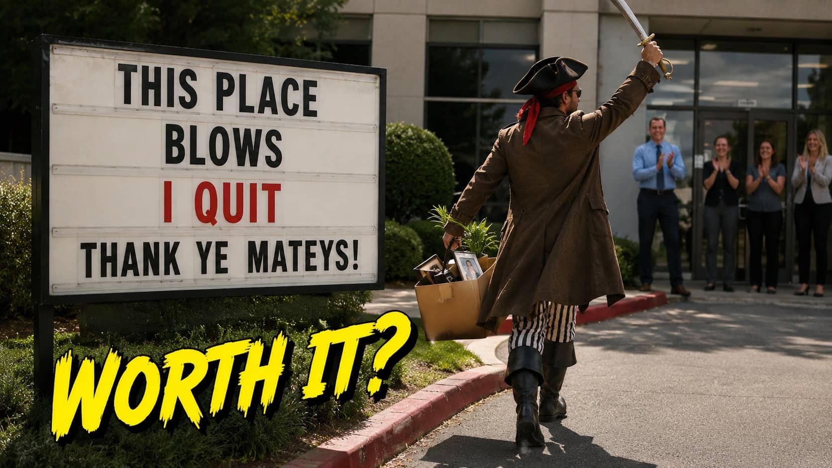 Man dressed as pirate walks away from office building carrying box next to quit sign.